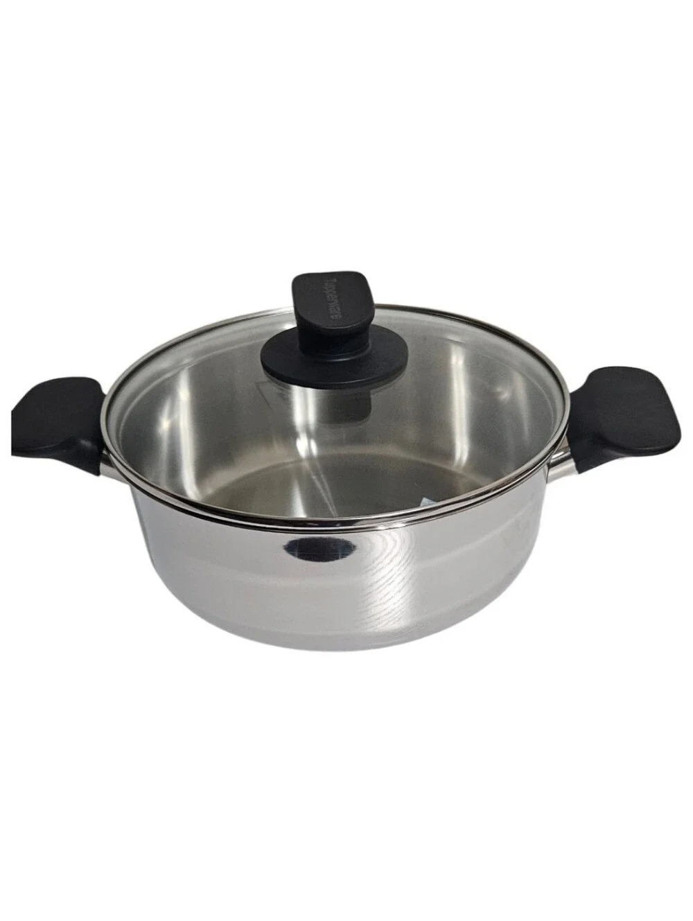 Tupperware Silver Stainless Steel Casserole with Black Handles and Glass Lid